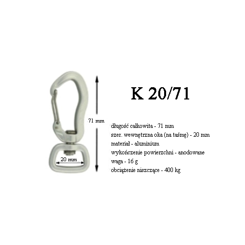 karabińczyk aluminiowy 20 mm/71 mm